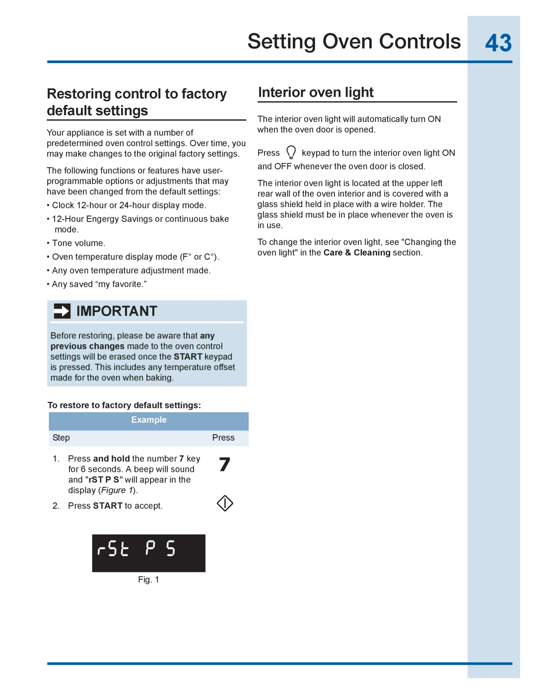 Electrolux EI30EF35JS, EI30EC45KB manual Restoring control to factory default settings, Interior oven light 