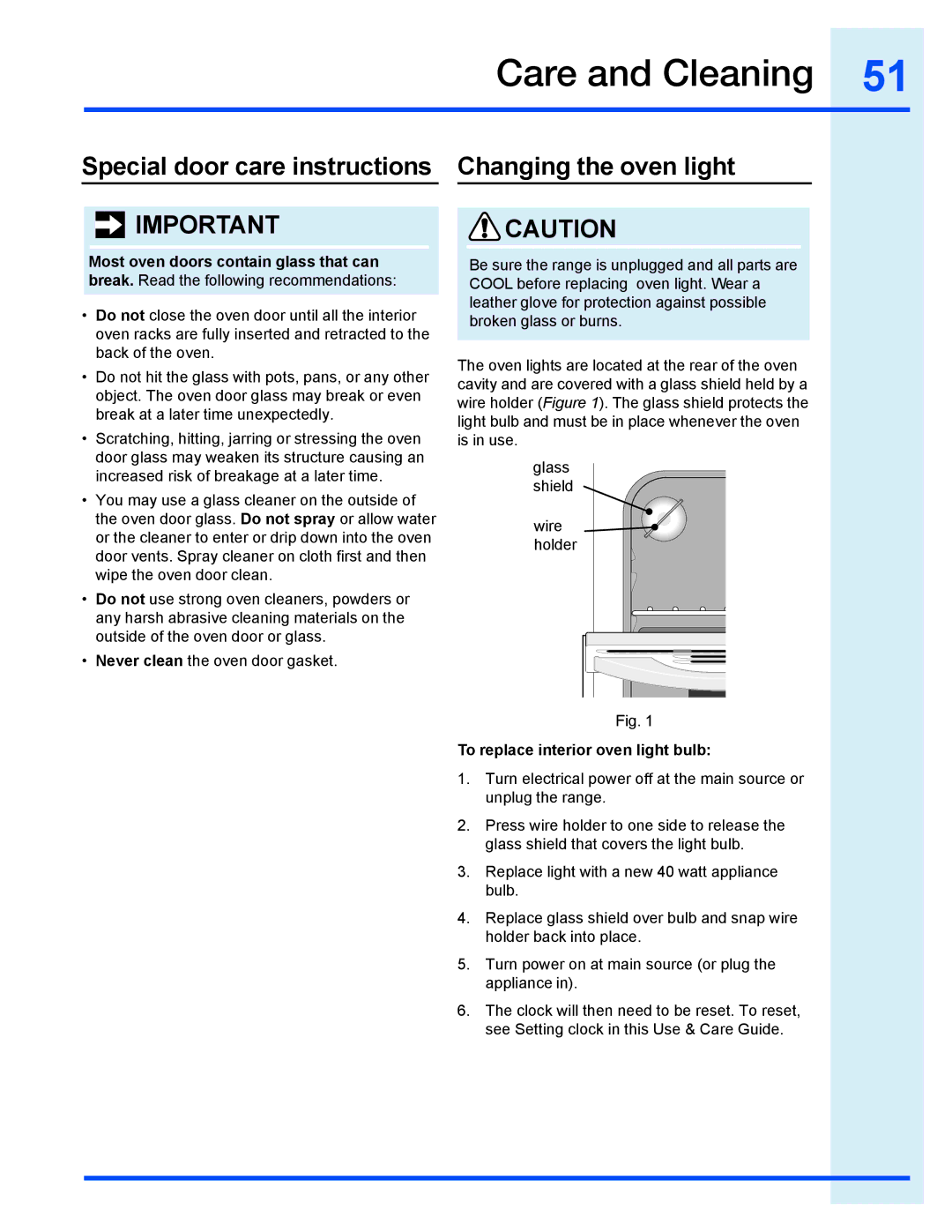 Electrolux EI30EF35JS manual Special door care instructions Changing the oven light, To replace interior oven light bulb 