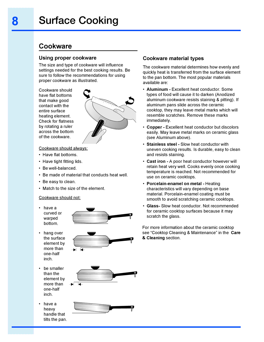 Electrolux EI30EC45KB, EI30EF35JS manual Surface Cooking, Using proper cookware, Cookware material types 