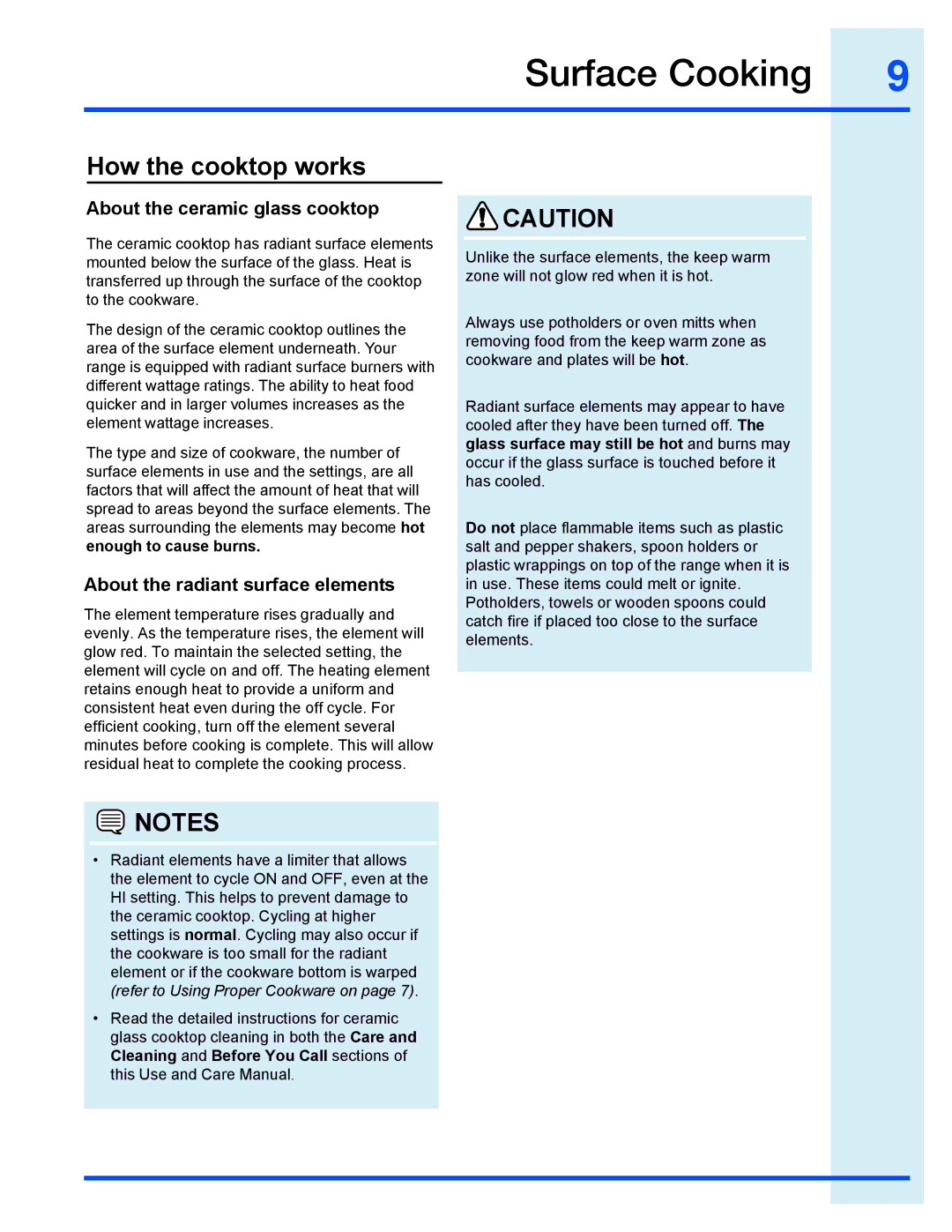 Electrolux EI30EF35JS manual How the cooktop works, About the ceramic glass cooktop, About the radiant surface elements 