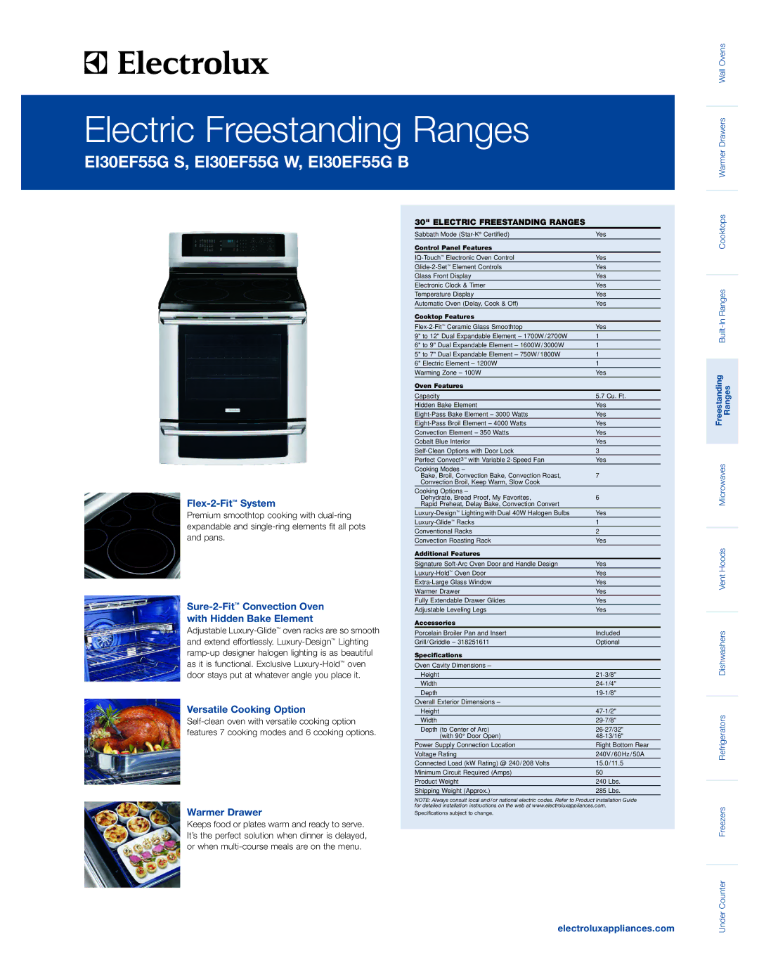 Electrolux EI30EF55GS specifications Flex-2-FitSystem, Sure-2-FitConvection Oven with Hidden Bake Element, Warmer Drawer 