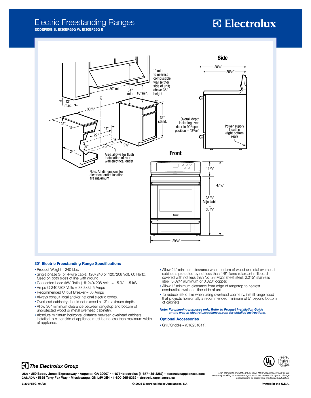 Electrolux EI30EF55GB, EI30EF55GW, EI30EF55GS specifications Electric Freestanding Range Specifications, Optional Accessories 