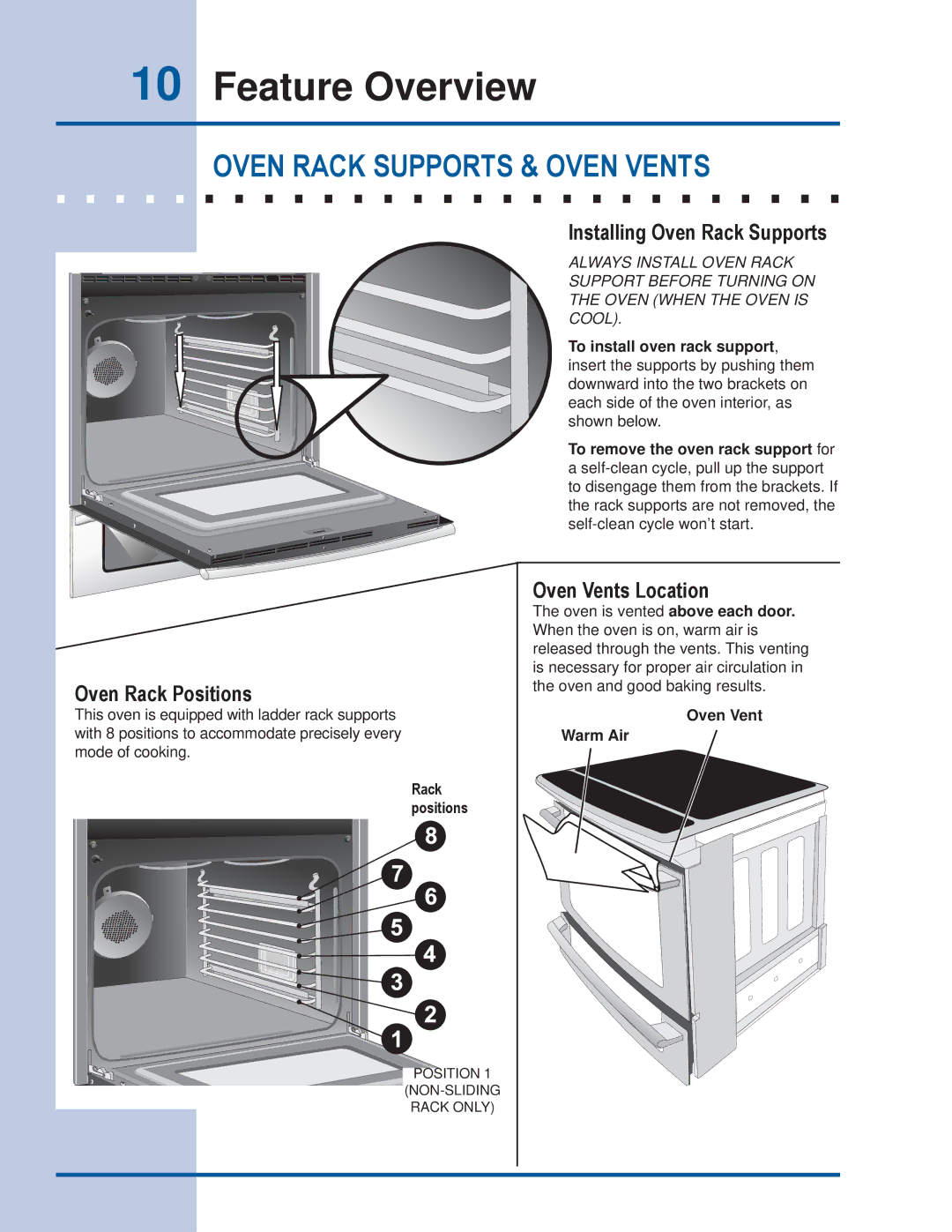 Electrolux EI30ES55JS manual Oven Rack Supports & Oven Vents, Installing Oven Rack Supports, Oven Rack Positions 