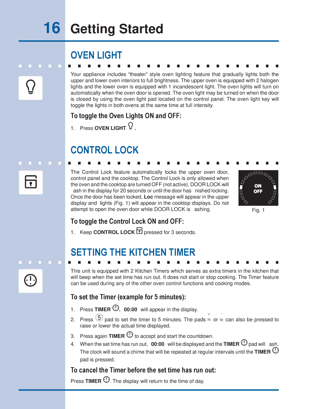 Electrolux EI30ES55JS manual Oven Light, Control Lock, Setting the Kitchen Timer 