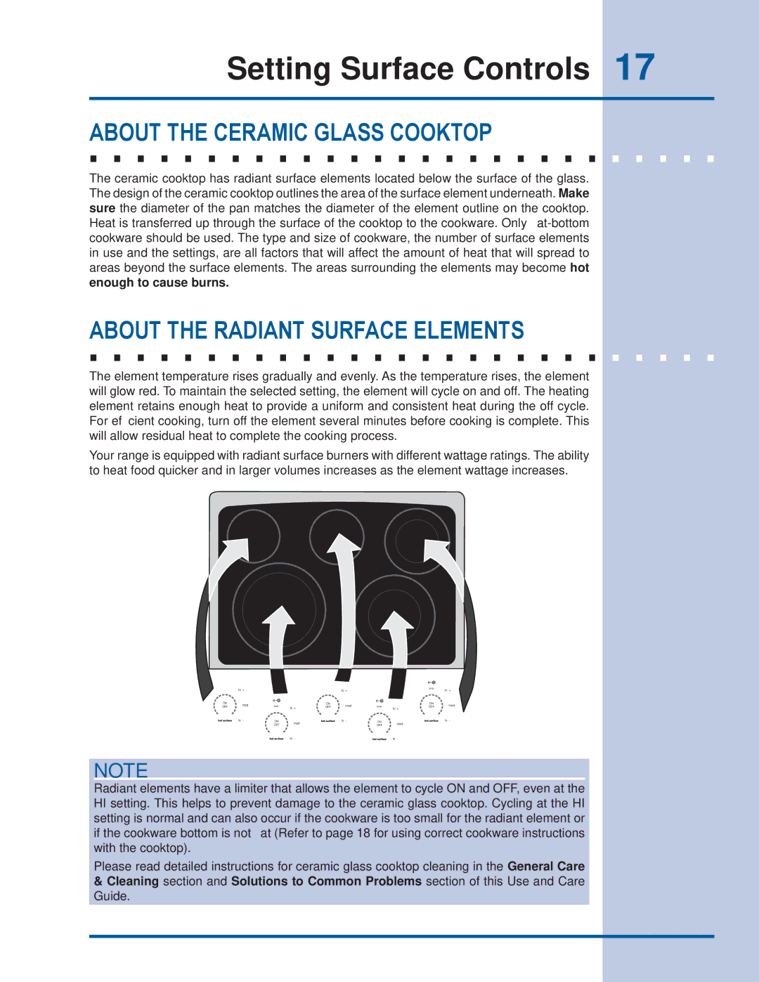 Electrolux EI30ES55JS manual Setting Surface Controls, About the Ceramic Glass Cooktop, About the Radiant Surface Elements 