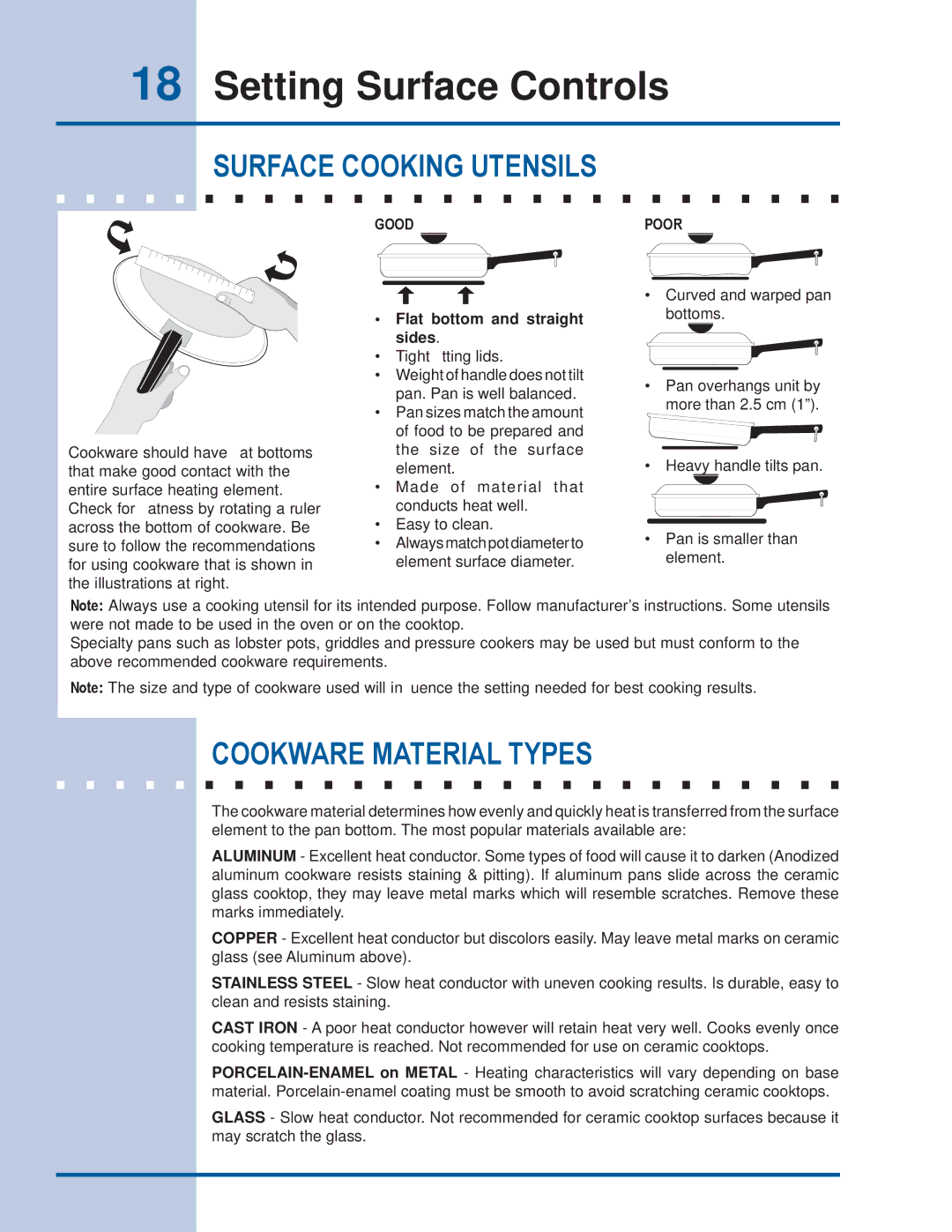 Electrolux EI30ES55JS manual Surface Cooking Utensils, Cookware Material Types, Flat bottom and straight, Sides 