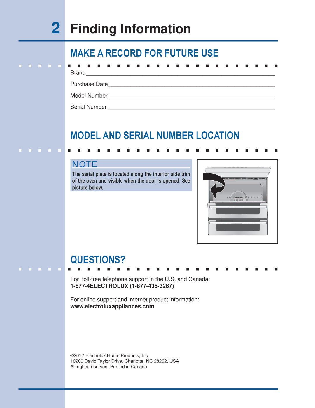 Electrolux EI30ES55JS Finding Information, Make a Record for Future USE, Model and Serial Number Location, Questions? 