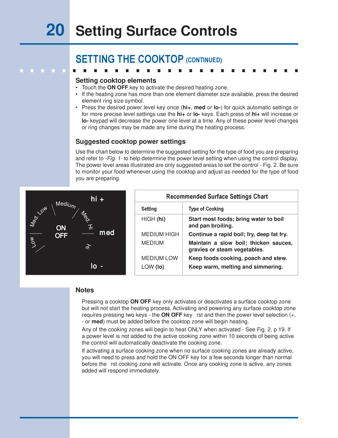 Electrolux EI30ES55JS manual Continue a rapid boil fry, deep fat fry, Maintain a slow boil thicken sauces 