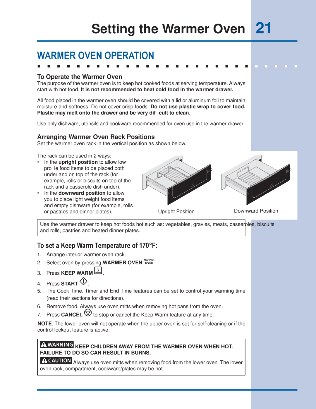 Electrolux EI30ES55JS manual Setting the Warmer Oven, Warmer Oven Operation, To set a Keep Warm Temperature of 170F 