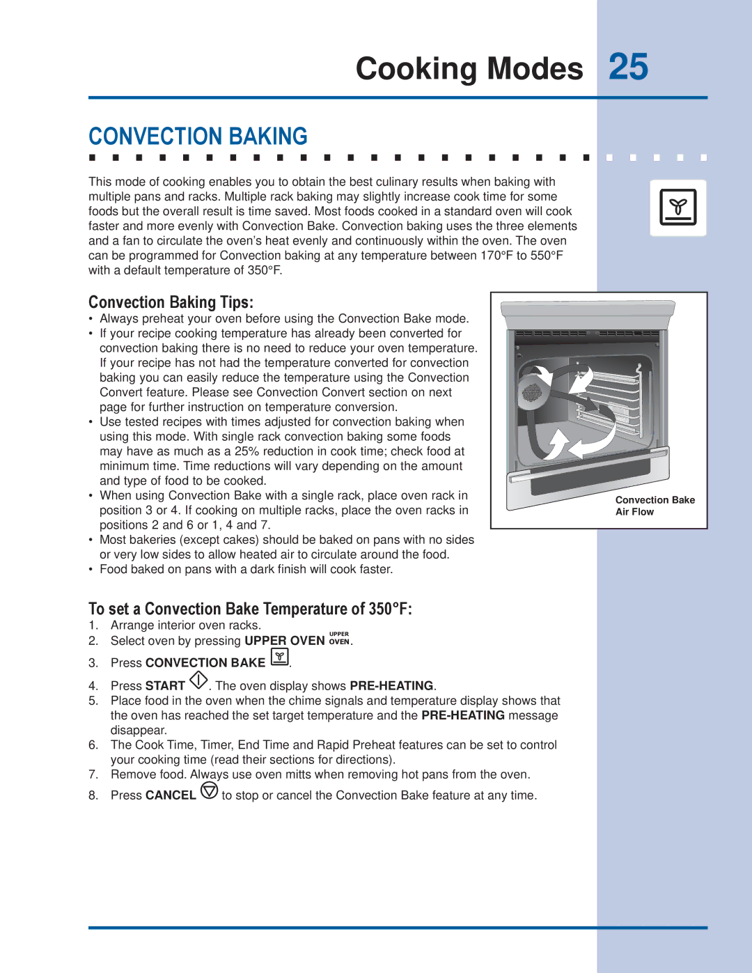 Electrolux EI30ES55JS Convection Baking Tips, To set a Convection Bake Temperature of 350F, Press Convection Bake 