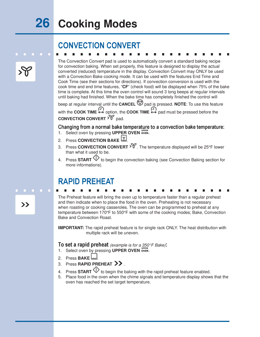 Electrolux EI30ES55JS manual Convection Convert pad, Press Rapid Preheat 