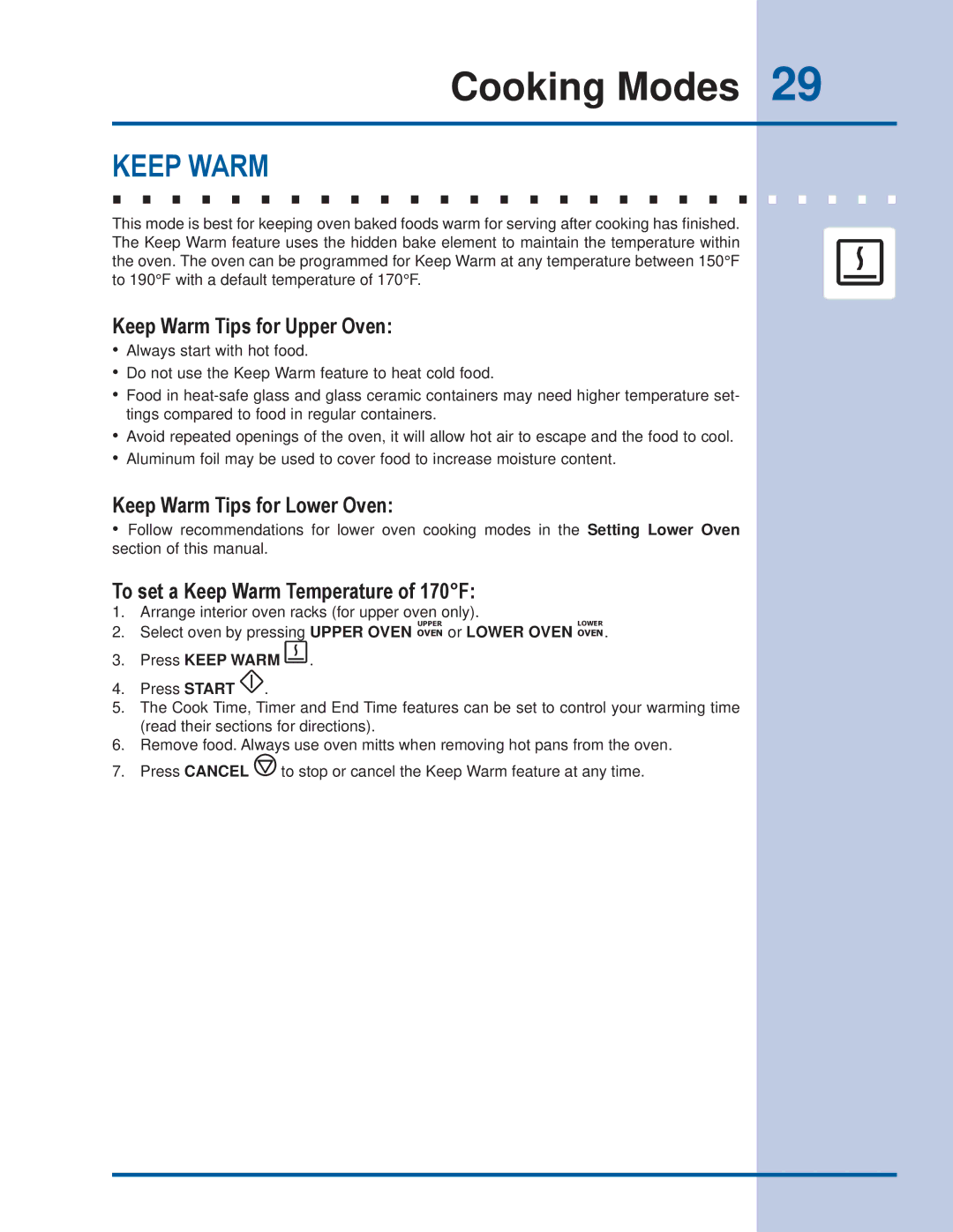 Electrolux EI30ES55JS manual Keep Warm Tips for Upper Oven, Keep Warm Tips for Lower Oven 