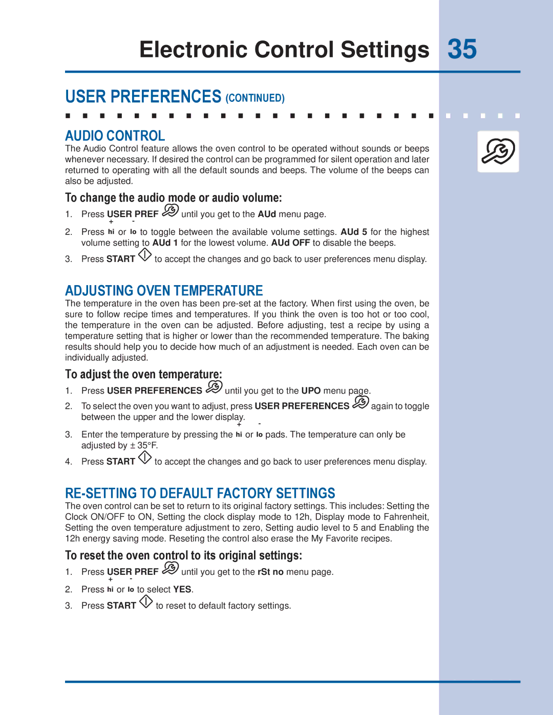 Electrolux EI30ES55JS manual Audio Control, Adjusting Oven Temperature, RE-SETTING to Default Factory Settings 