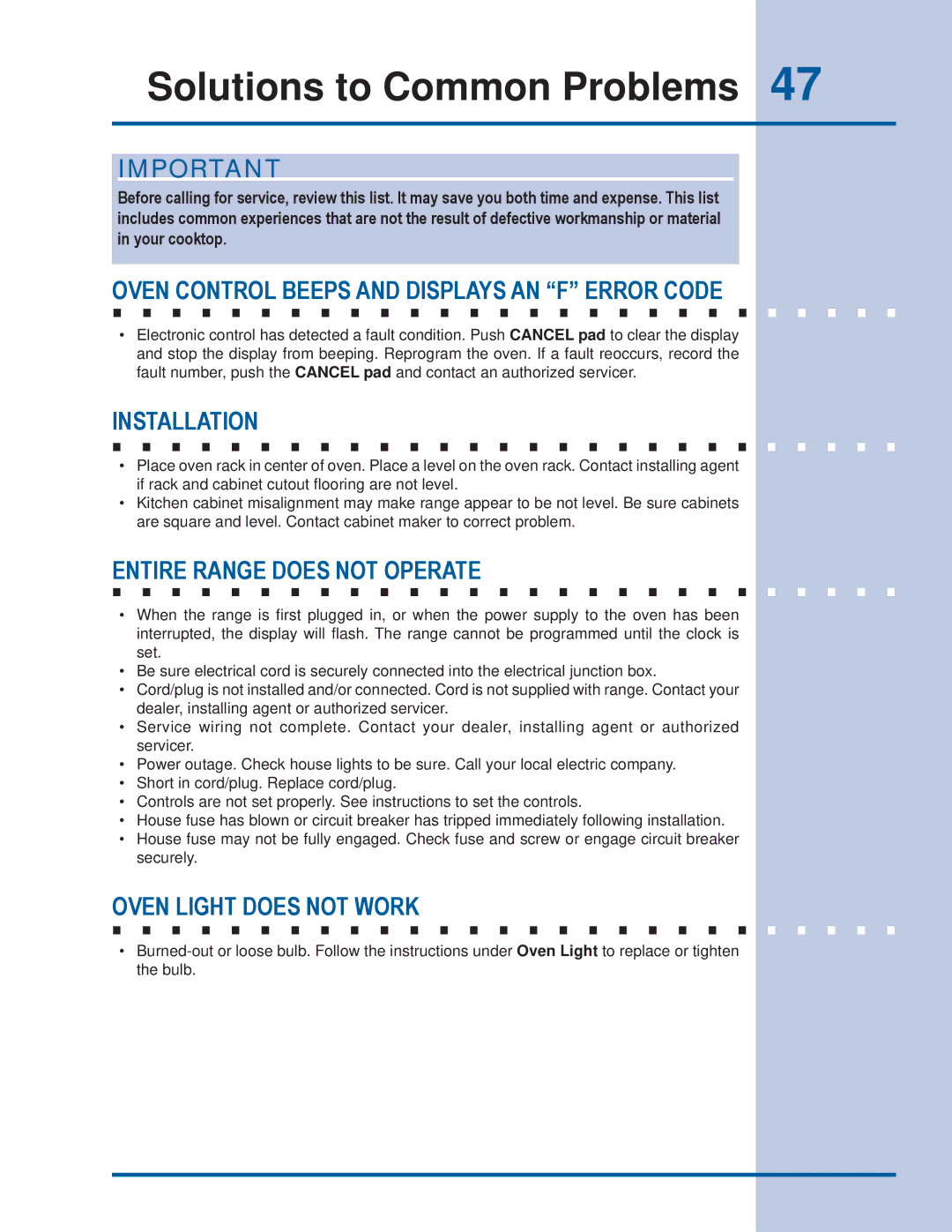 Electrolux EI30ES55JS manual Oven Control Beeps and Displays AN F Error Code, Installation, Entire Range does not Operate 