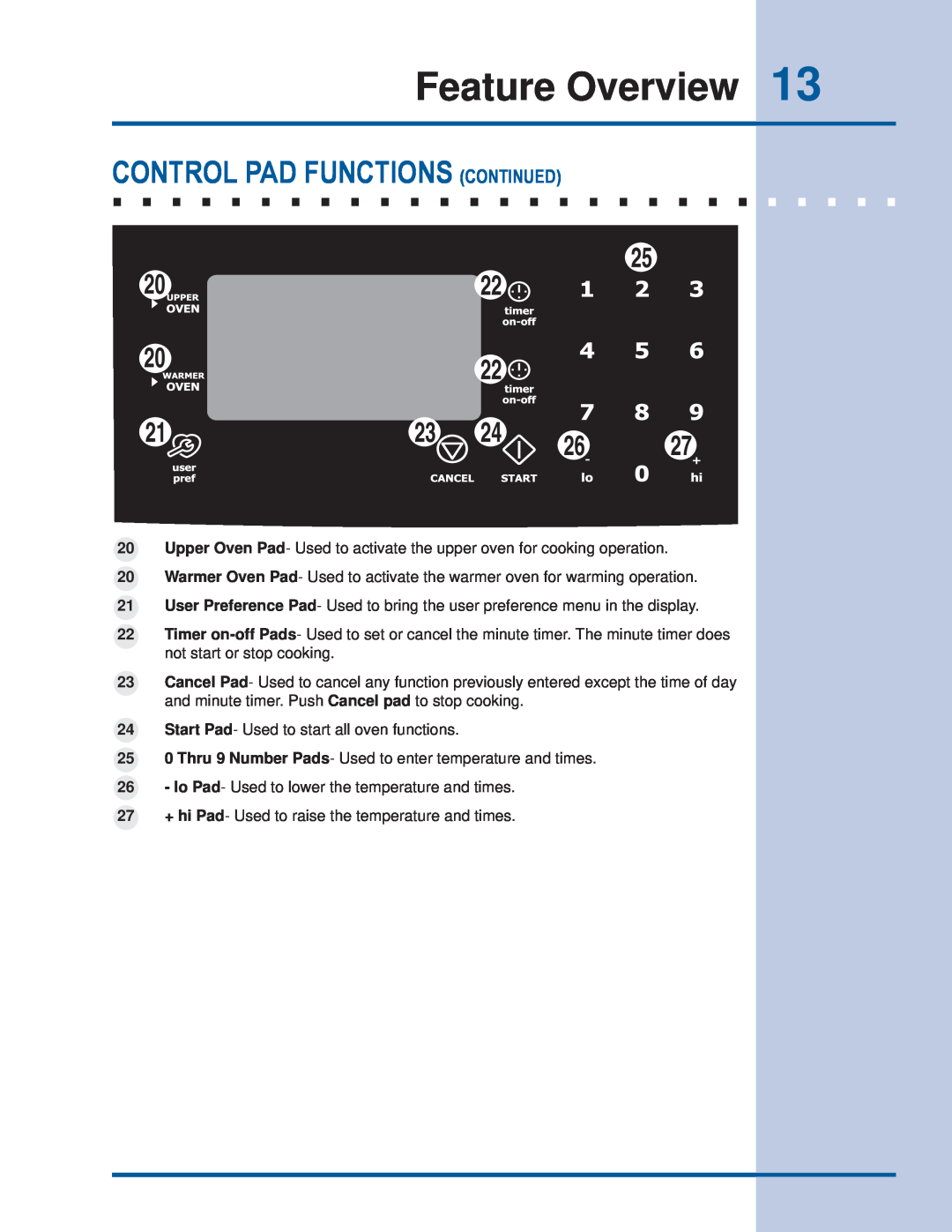 Electrolux EI30ES55JS manual Control Pad Functions Continued, Feature Overview 