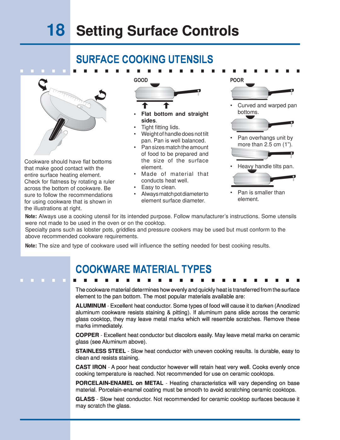 Electrolux EI30ES55JS manual Setting Surface Controls, Surface Cooking Utensils, Cookware Material Types 