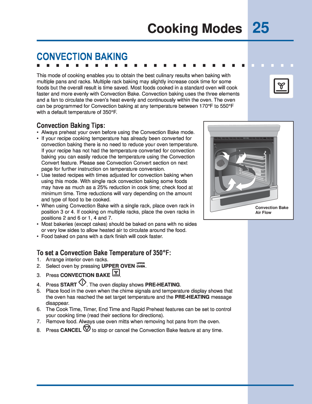 Electrolux EI30ES55JS manual Convection Baking Tips, To set a Convection Bake Temperature of 350F, Cooking Modes 