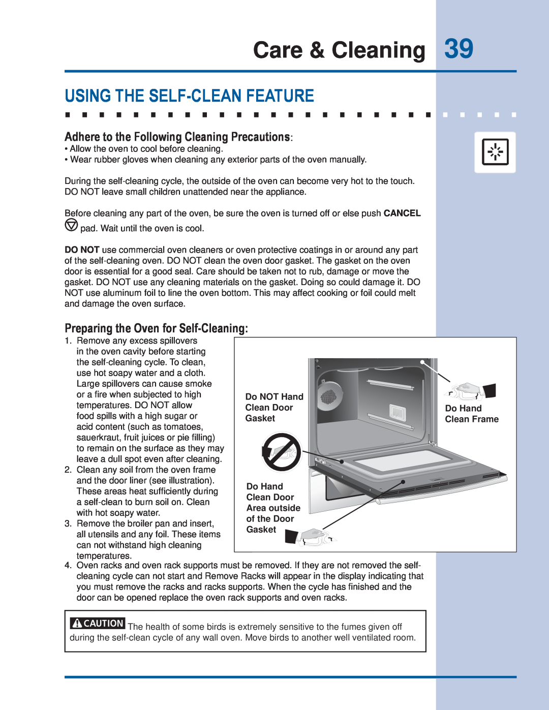 Electrolux EI30ES55JS manual Care & Cleaning, Using The Self-Clean Feature, Adhere to the Following Cleaning Precautions 