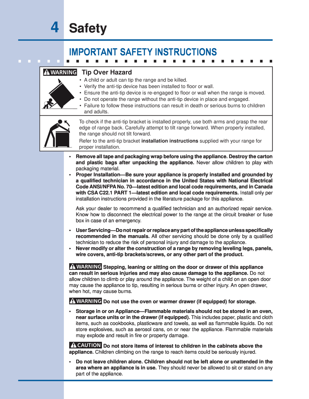 Electrolux EI30ES55JS manual Important Safety Instructions, Tip Over Hazard 