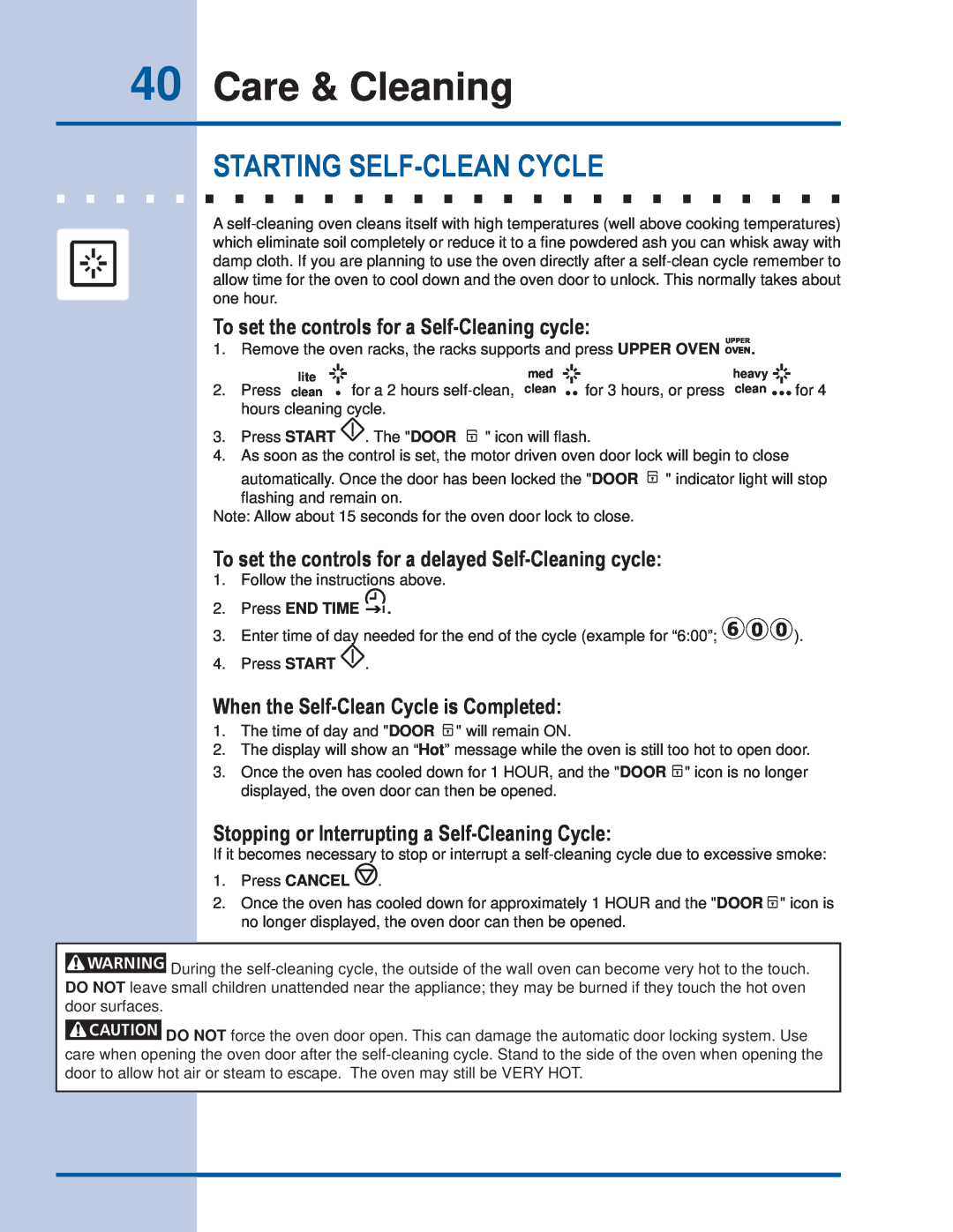 Electrolux EI30ES55JS manual Care & Cleaning, Starting Self-Clean Cycle, To set the controls for a Self-Cleaning cycle 
