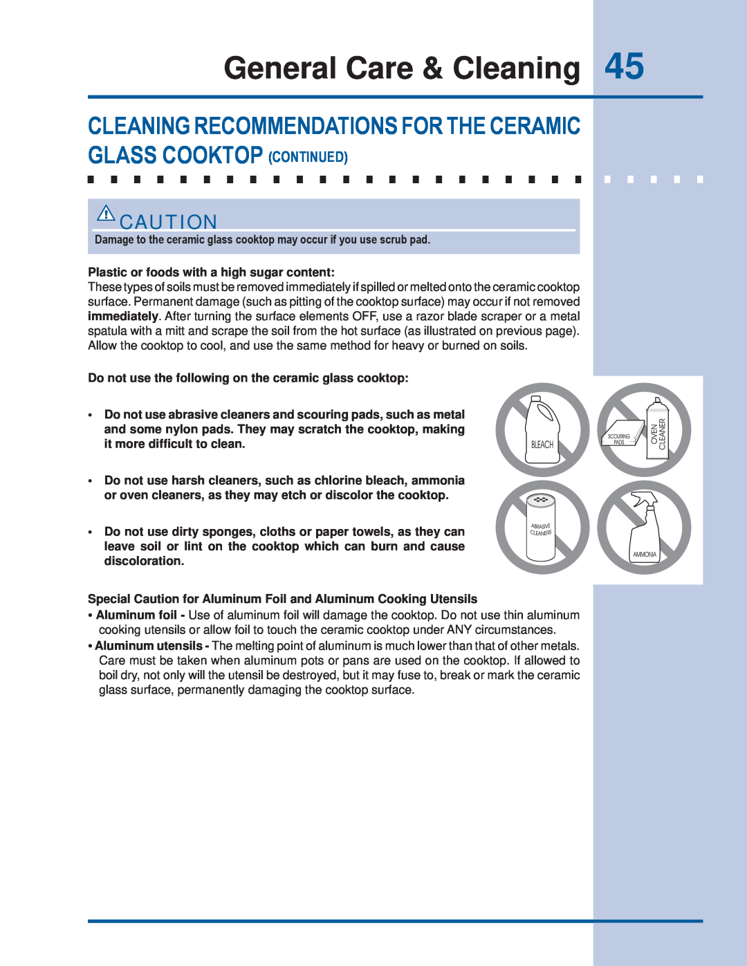 Electrolux EI30ES55JS manual General Care & Cleaning, Cleaning Recommendations For The Ceramic Glass Cooktop Continued 