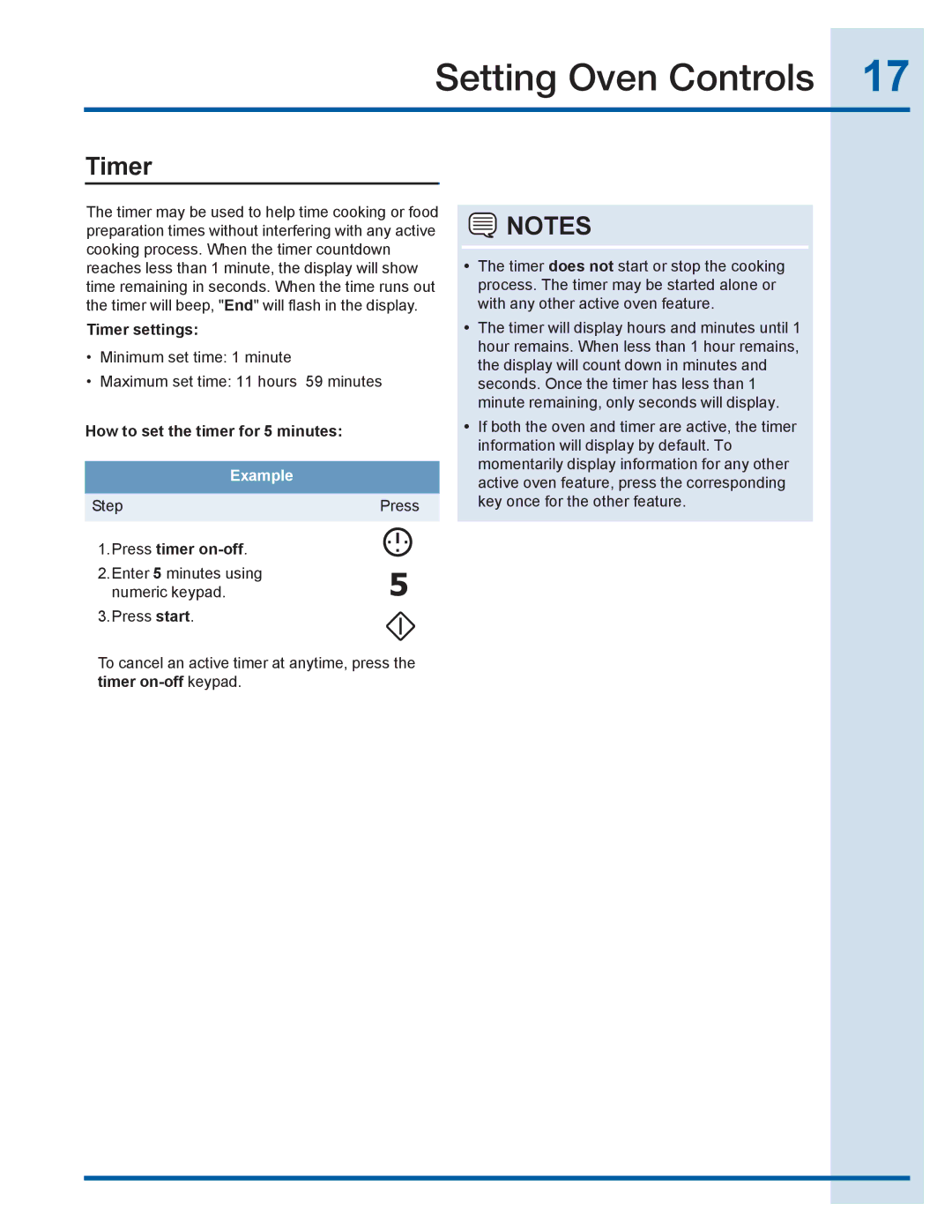 Electrolux EI30GF35JS manual Timer settings, How to set the timer for 5 minutes, Press timer on-off 