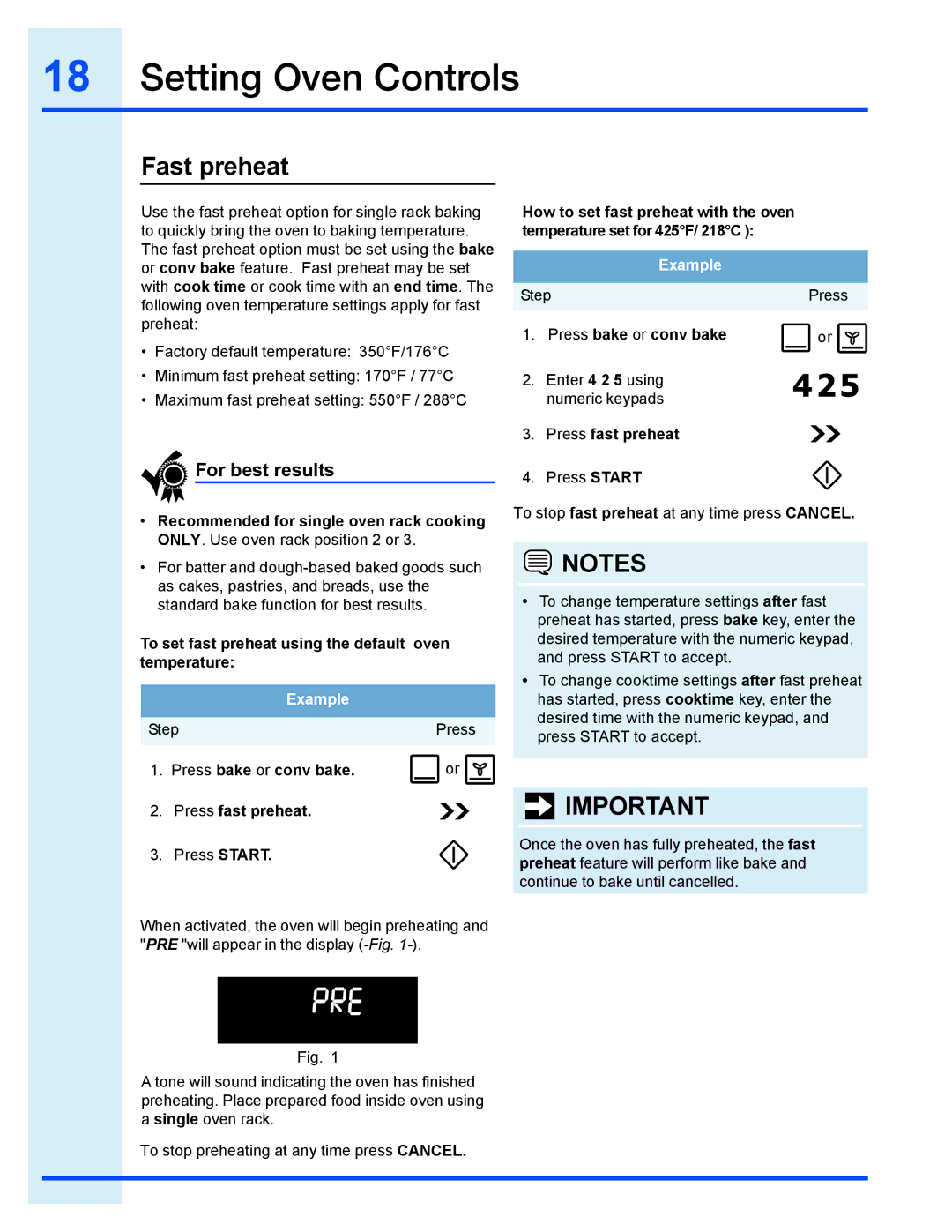 Electrolux EI30GF35JS manual Fast preheat, For best results, To set fast preheat using the default oven temperature 