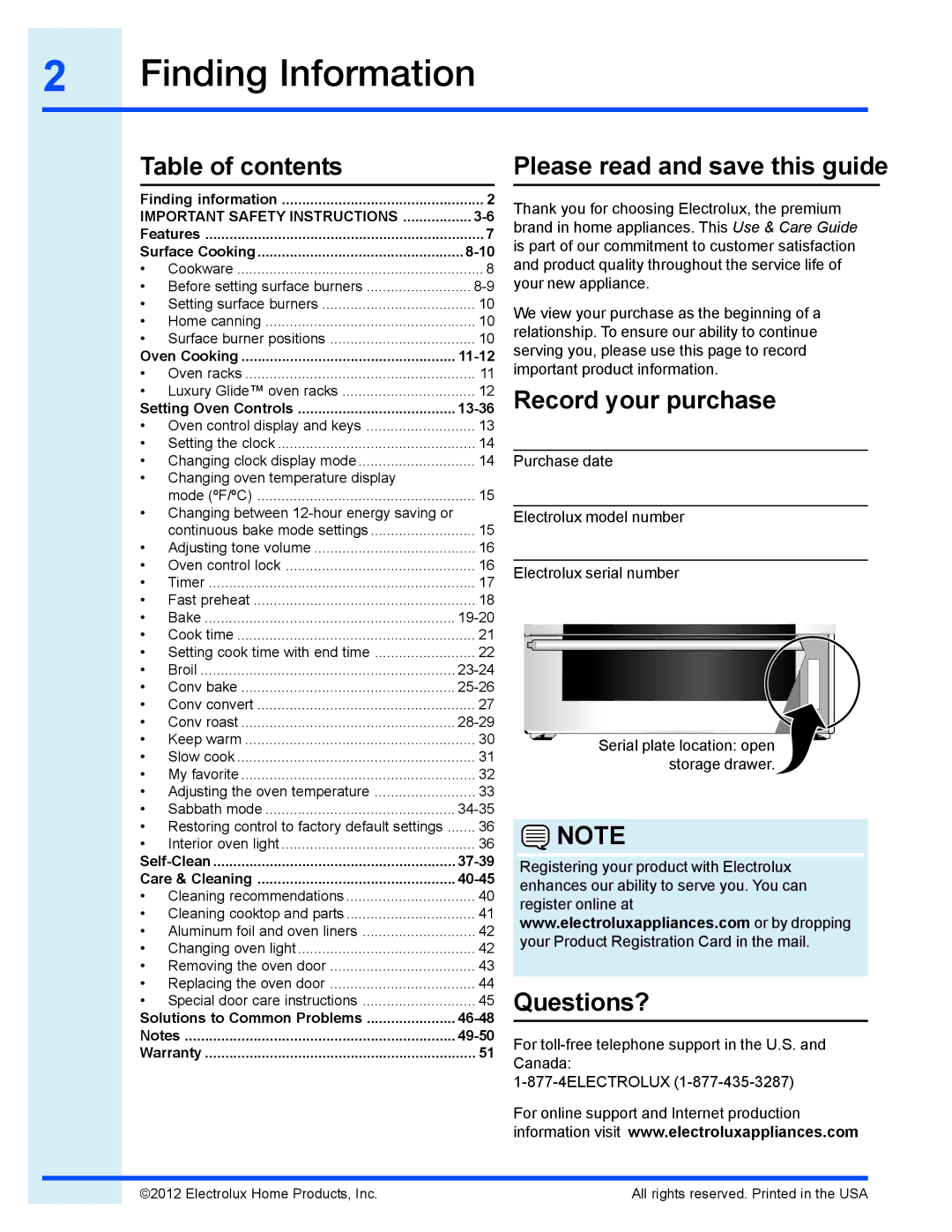 Electrolux EI30GF35JS manual Finding Information, Table of contents, Please read and save this guide, Record your purchase 