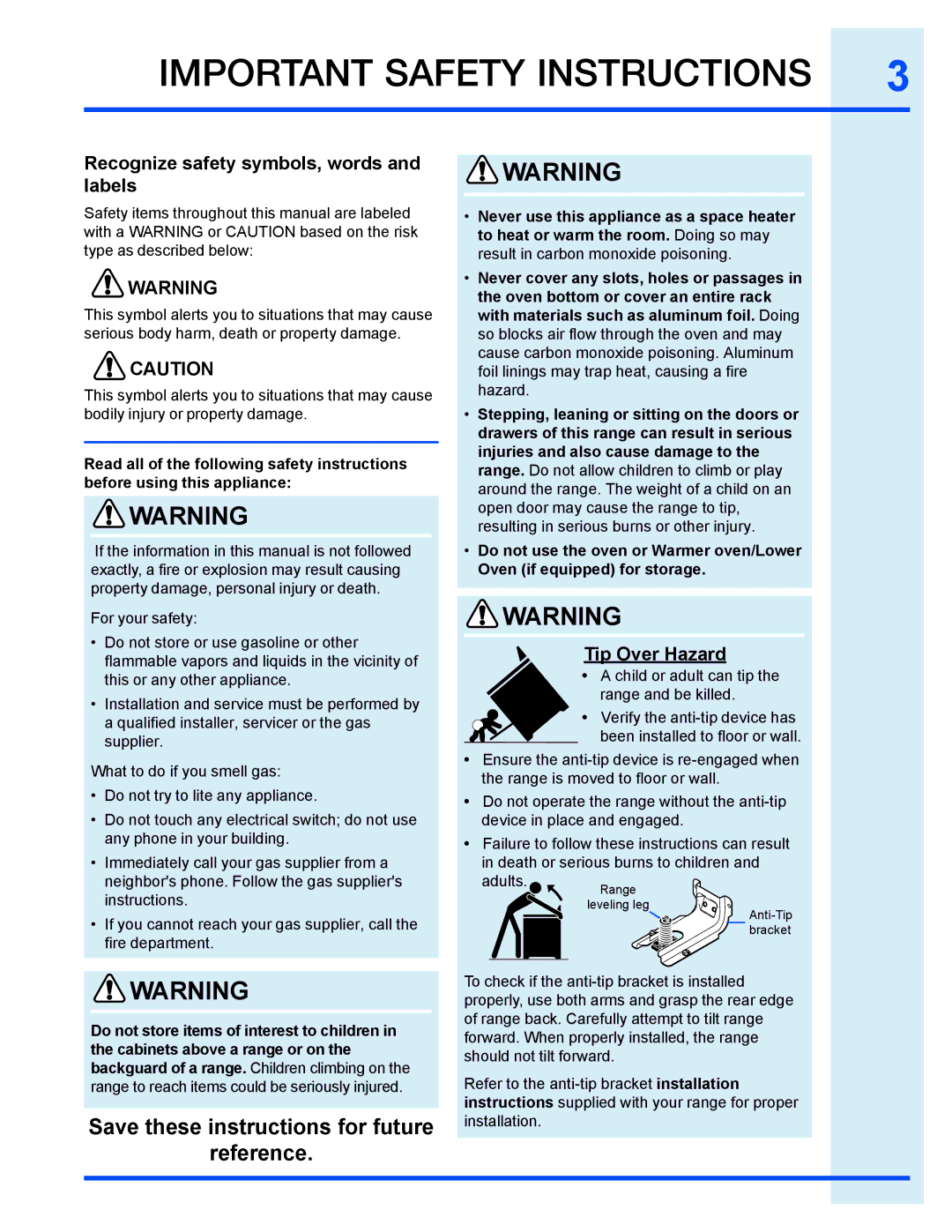 Electrolux EI30GF35JS manual Recognize safety symbols, words and labels, Tip Over Hazard 