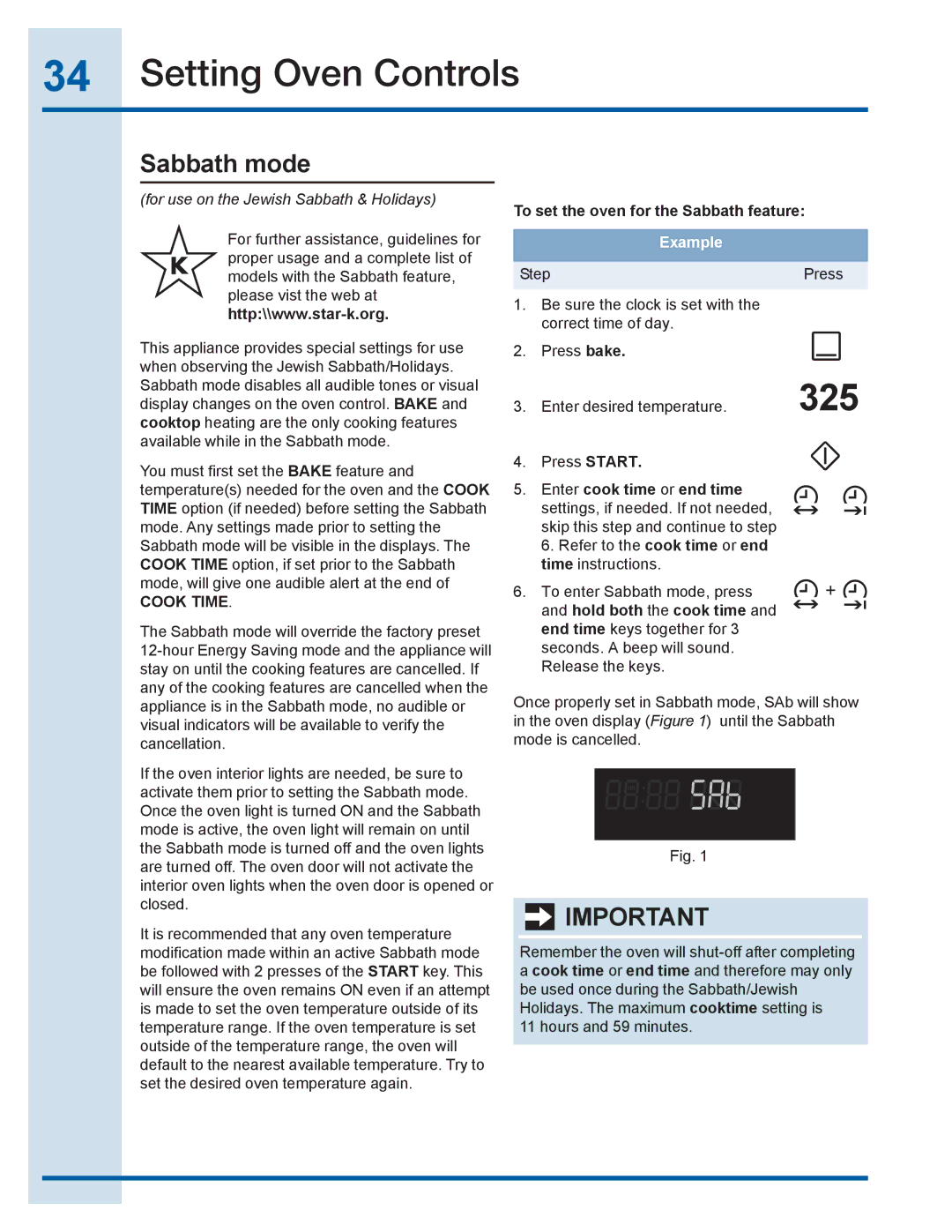 Electrolux EI30GF35JS manual Sabbath mode, To set the oven for the Sabbath feature, Hold both the cook time 