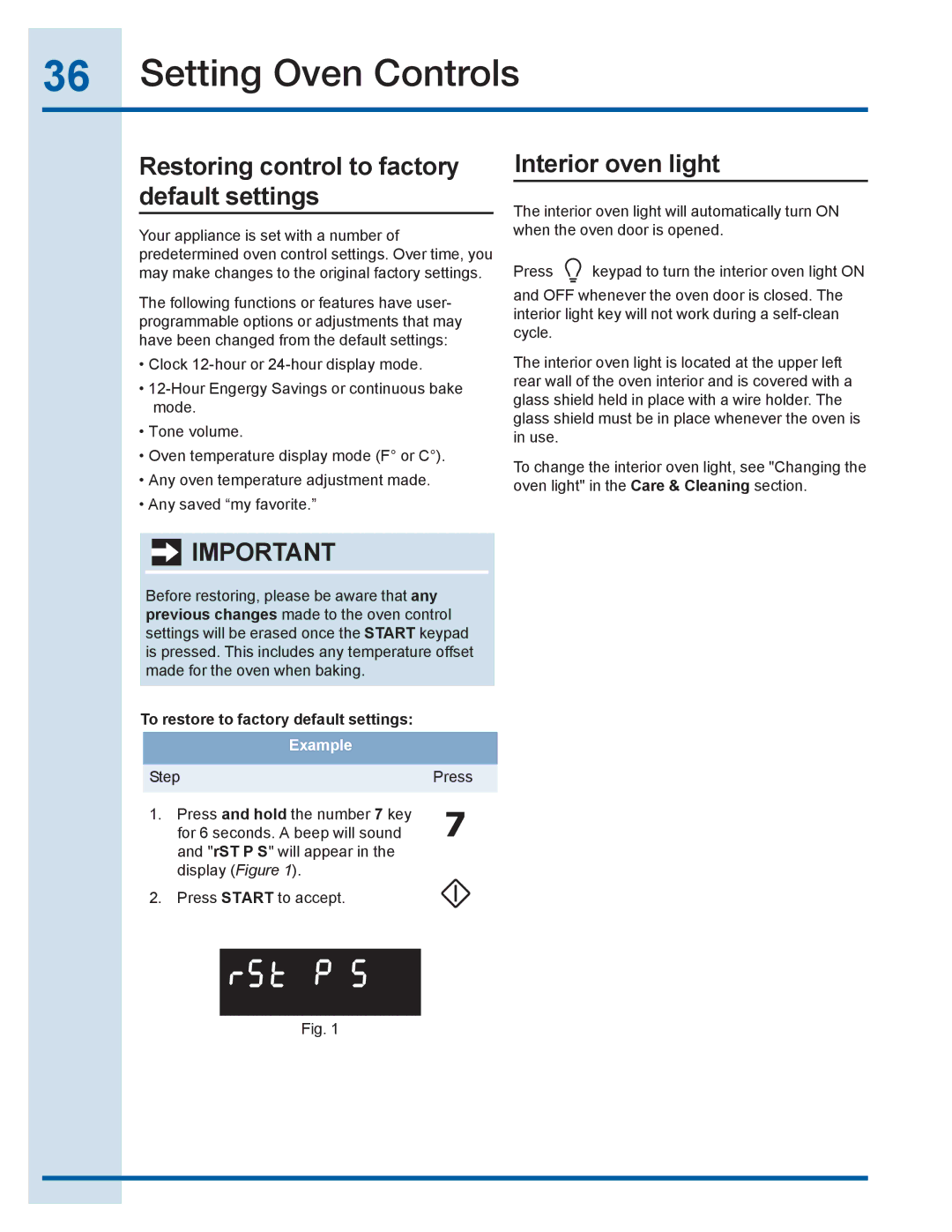 Electrolux EI30GF35JS manual Restoring control to factory default settings, Interior oven light 