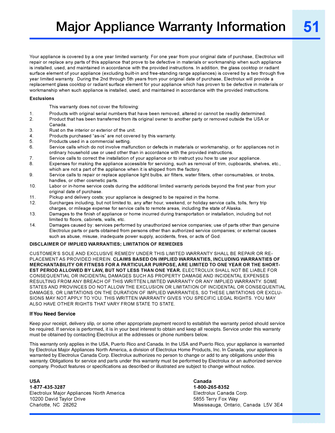 Electrolux EI30GF35JS manual Major Appliance Warranty Information, Exclusions 