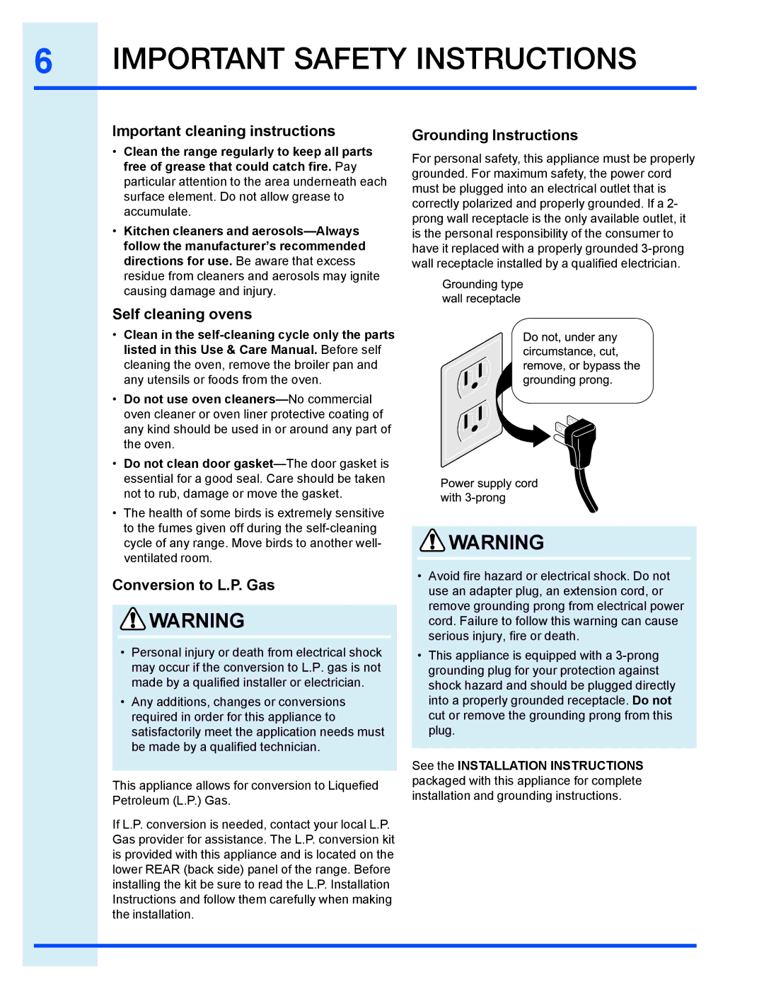 Electrolux EI30GF35JS Important cleaning instructions, Self cleaning ovens, Conversion to L.P. Gas, Grounding Instructions 