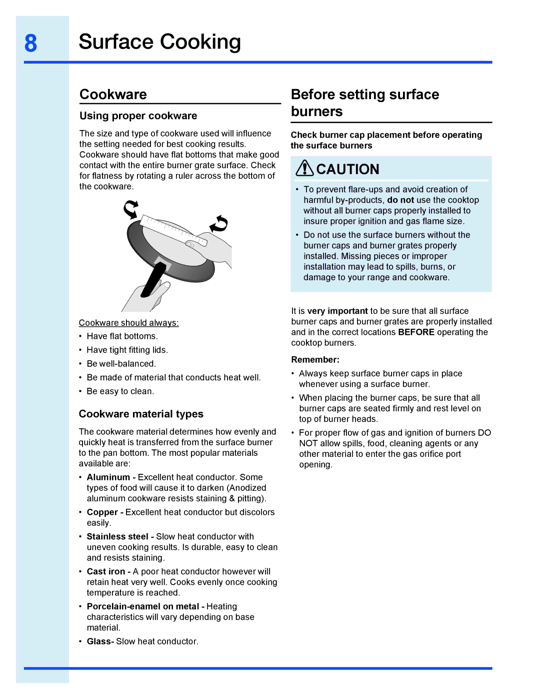 Electrolux EI30GF35JS manual Surface Cooking, Cookware, Before setting surface burners, Using proper cookware 