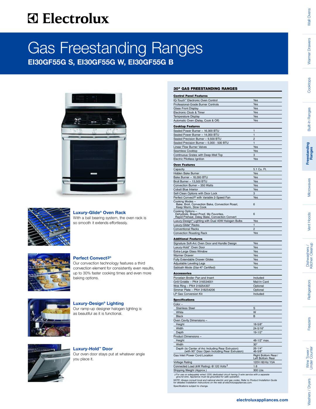 Electrolux EI30GF55G W specifications Luxury-GlideOven Rack, Perfect Convect3, Luxury-DesignLighting, Luxury-HoldDoor 