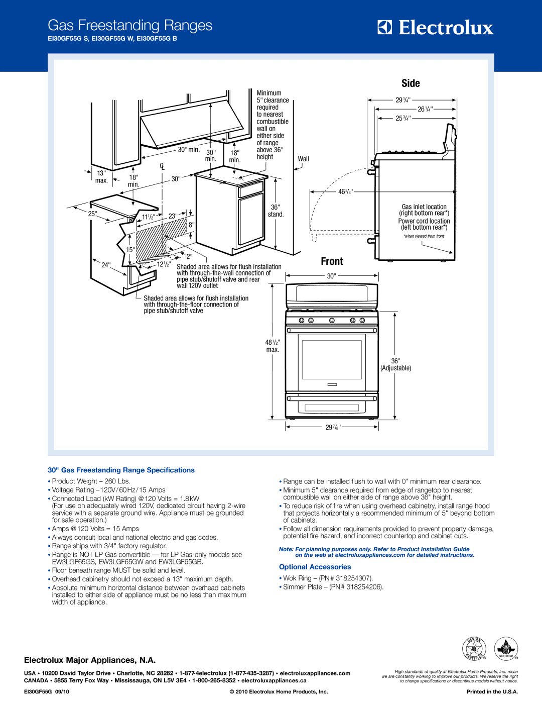 Electrolux EI30GF55GS, EI30GF55G B, EI30GF55G W Side, Front, Gas Freestanding Range Specifications, Optional Accessories 