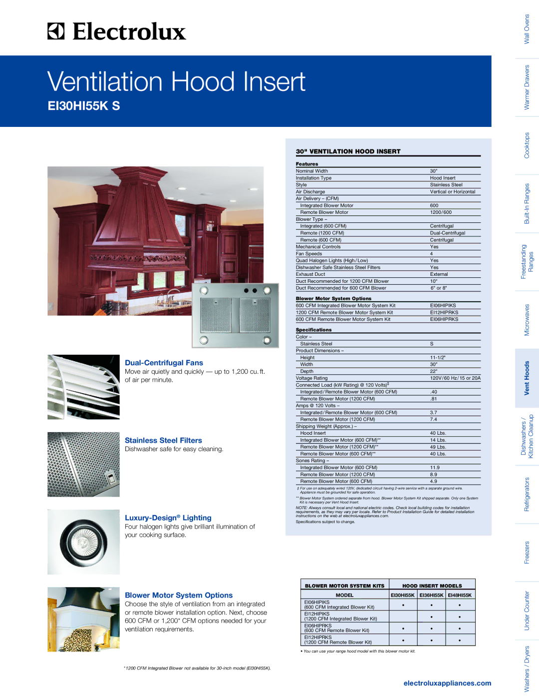 Electrolux EI30HI55K specifications Dual-Centrifugal Fans, Stainless Steel Filters, Luxury-DesignLighting 