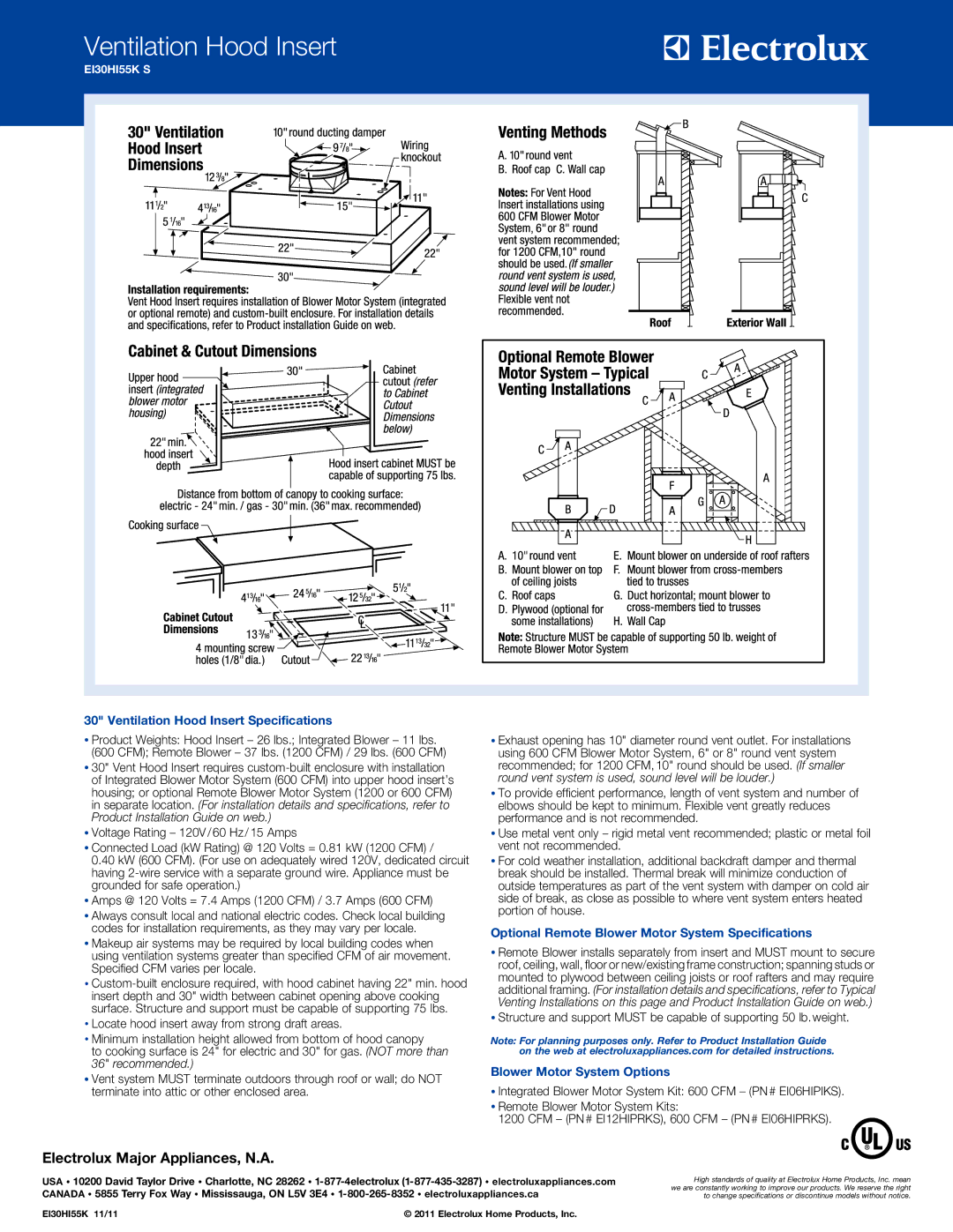 Electrolux EI30HI55K Ventilation Hood Insert Specifications, Optional Remote Blower Motor System Specifications 