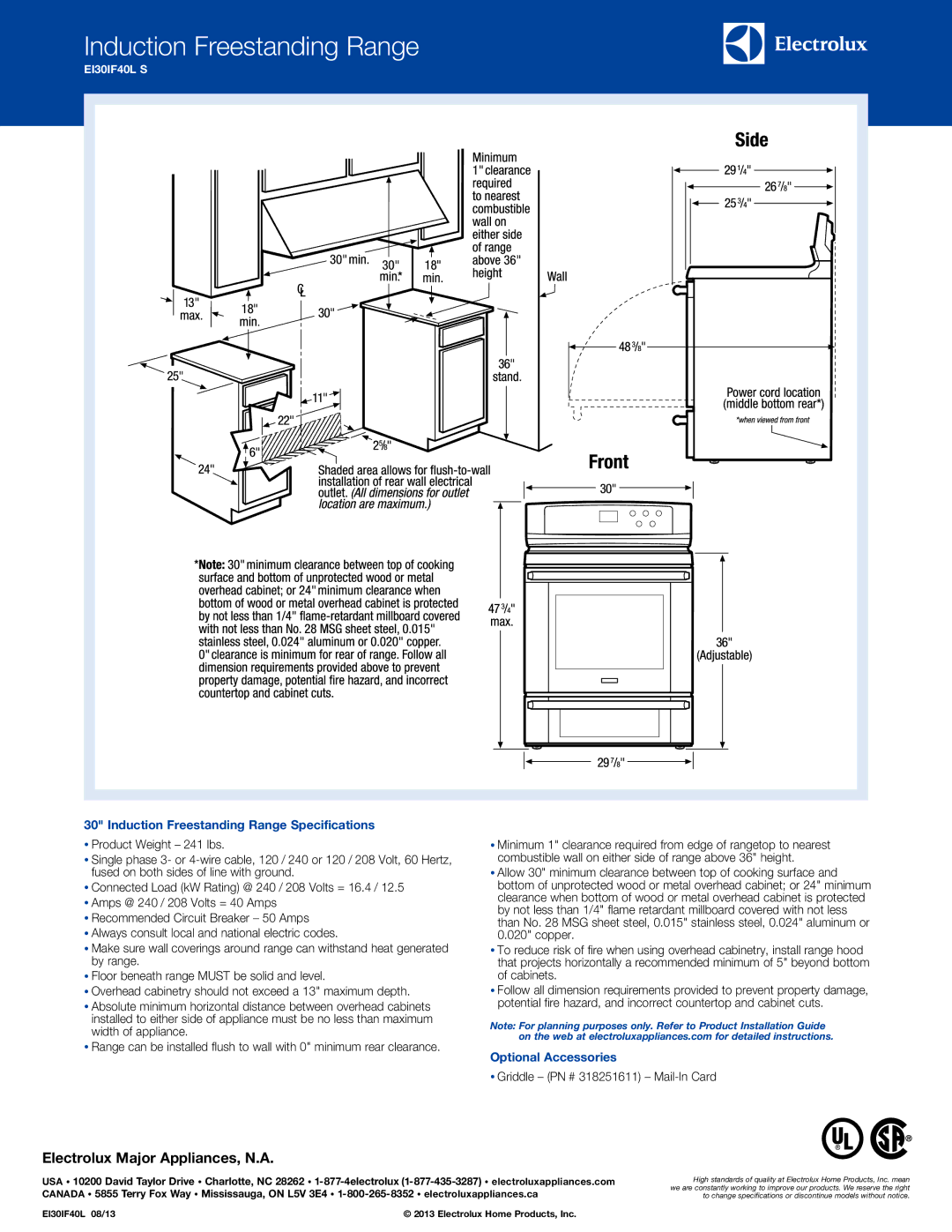 Electrolux EI30IF40L S specifications Induction Freestanding Range Specifications, Optional Accessories 