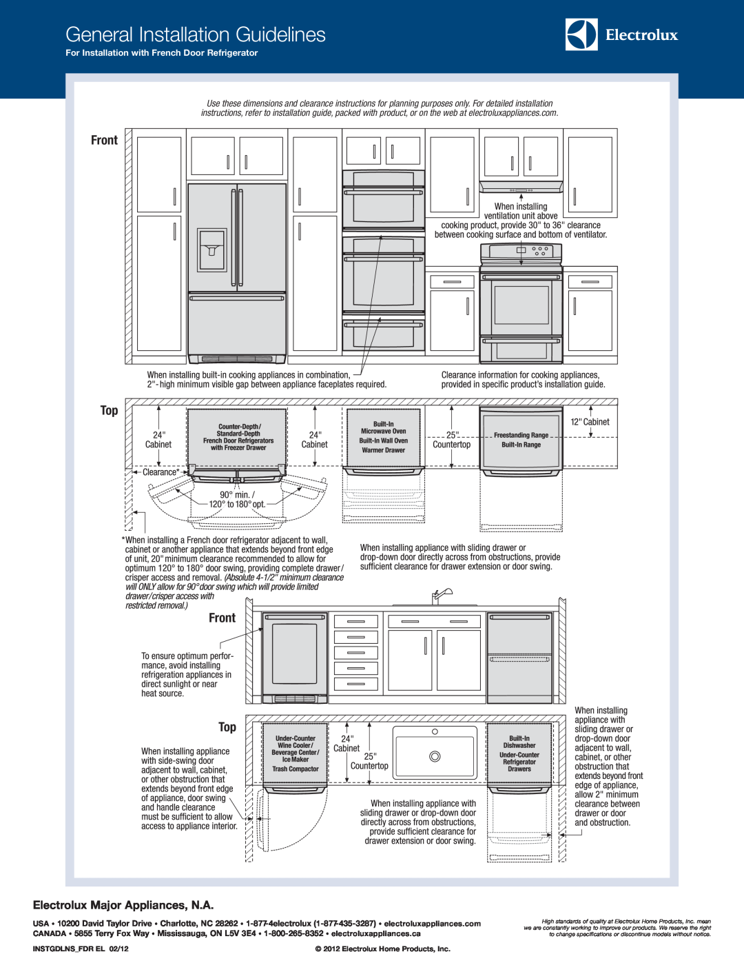 Electrolux EI30IF40L S General Installation Guidelines, Front Top, Electrolux Major Appliances, N.A, INSTGDLNSFDR EL 02/12 