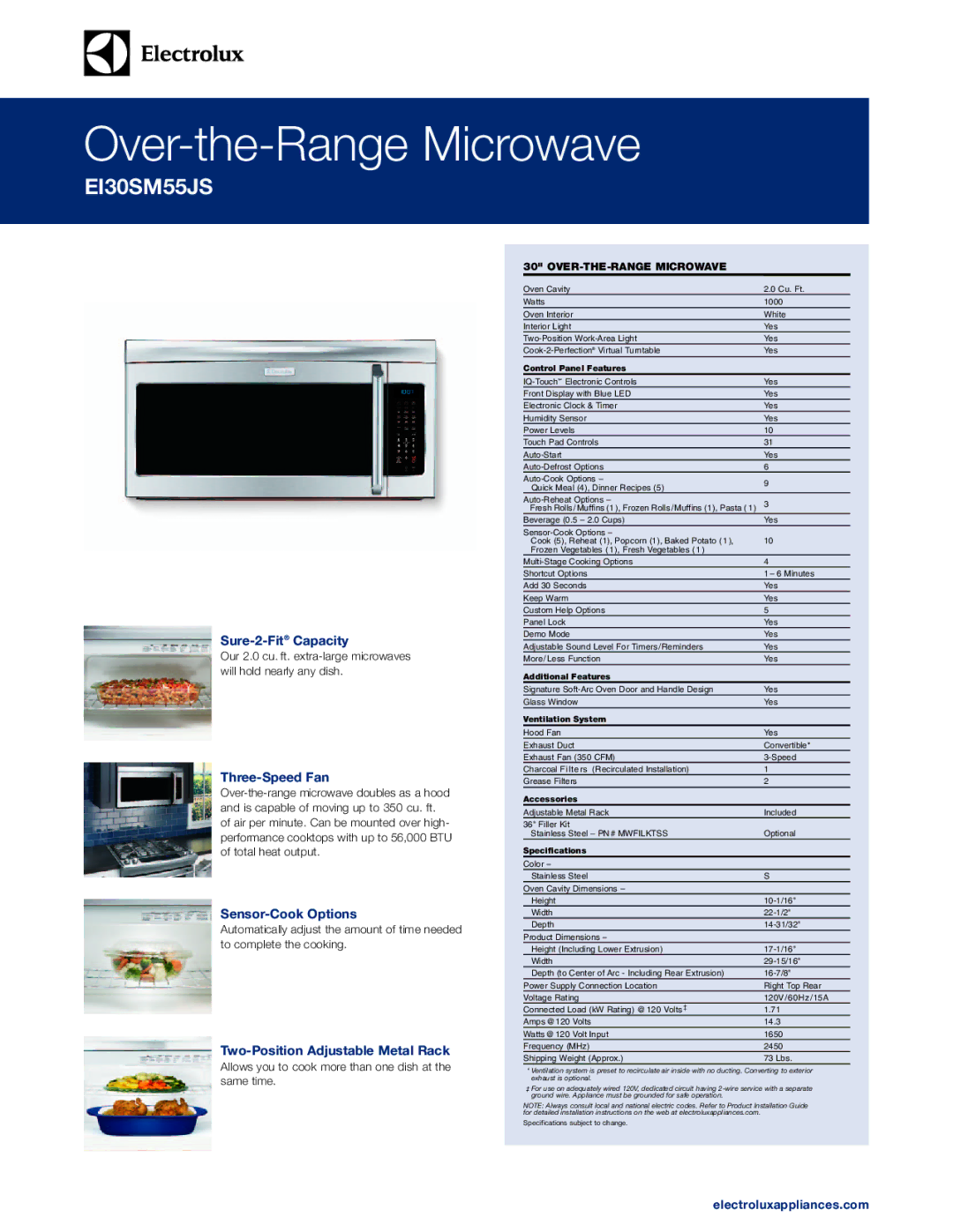 Electrolux EI30SM55JS specifications Sure-2-FitCapacity, Three-Speed Fan, Sensor-Cook Options, Electroluxappliances.com 