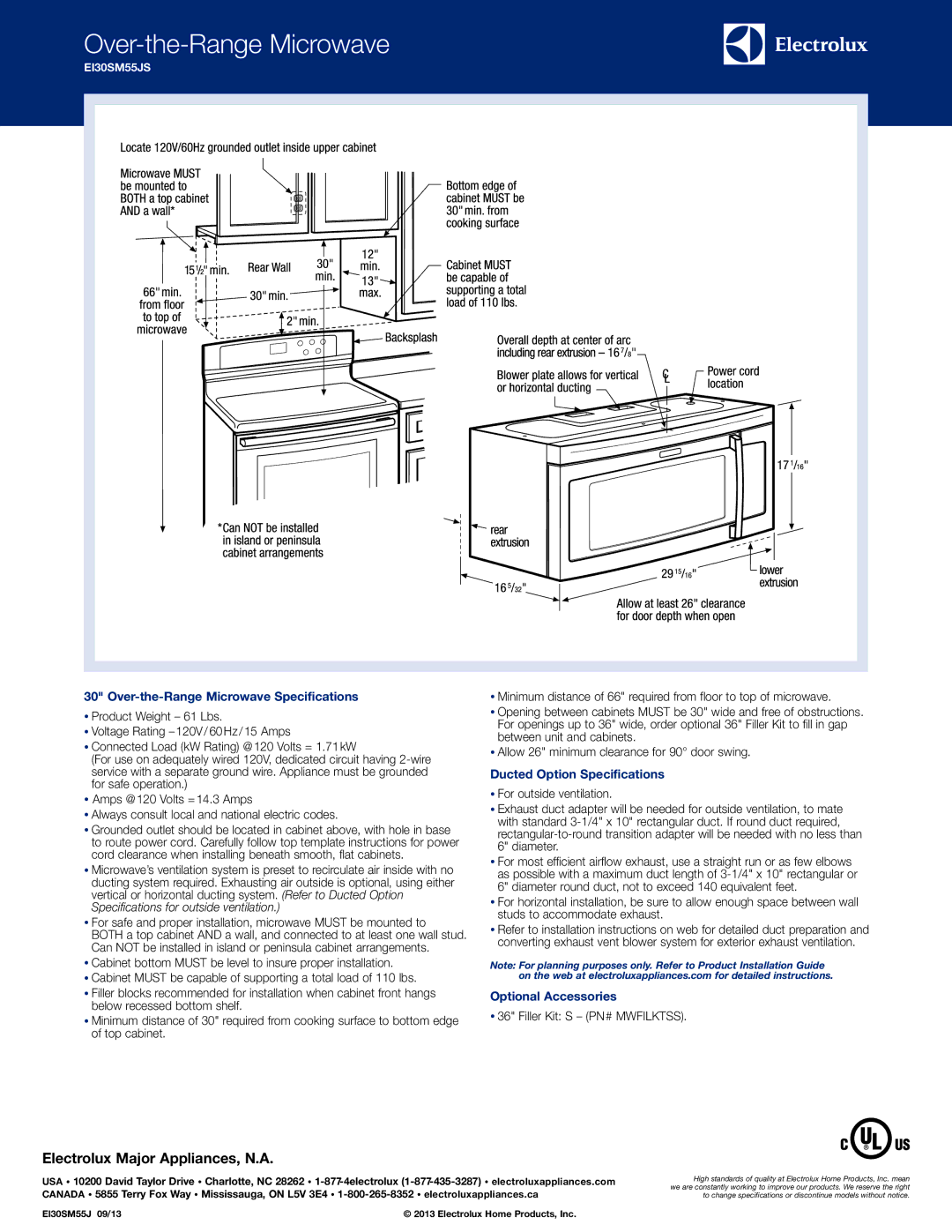 Electrolux EI30SM55JS Over-the-Range Microwave Specifications, Ducted Option Specifications, Optional Accessories 