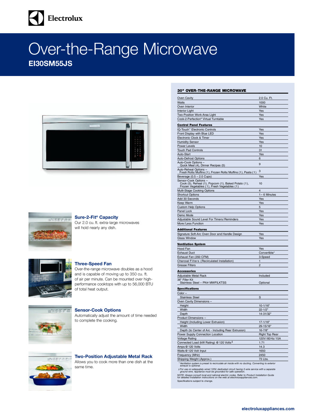 Electrolux EI30SM55JS specifications Sure-2-Fit Capacity, Three-Speed Fan, Sensor-Cook Options, electroluxappliances.com 