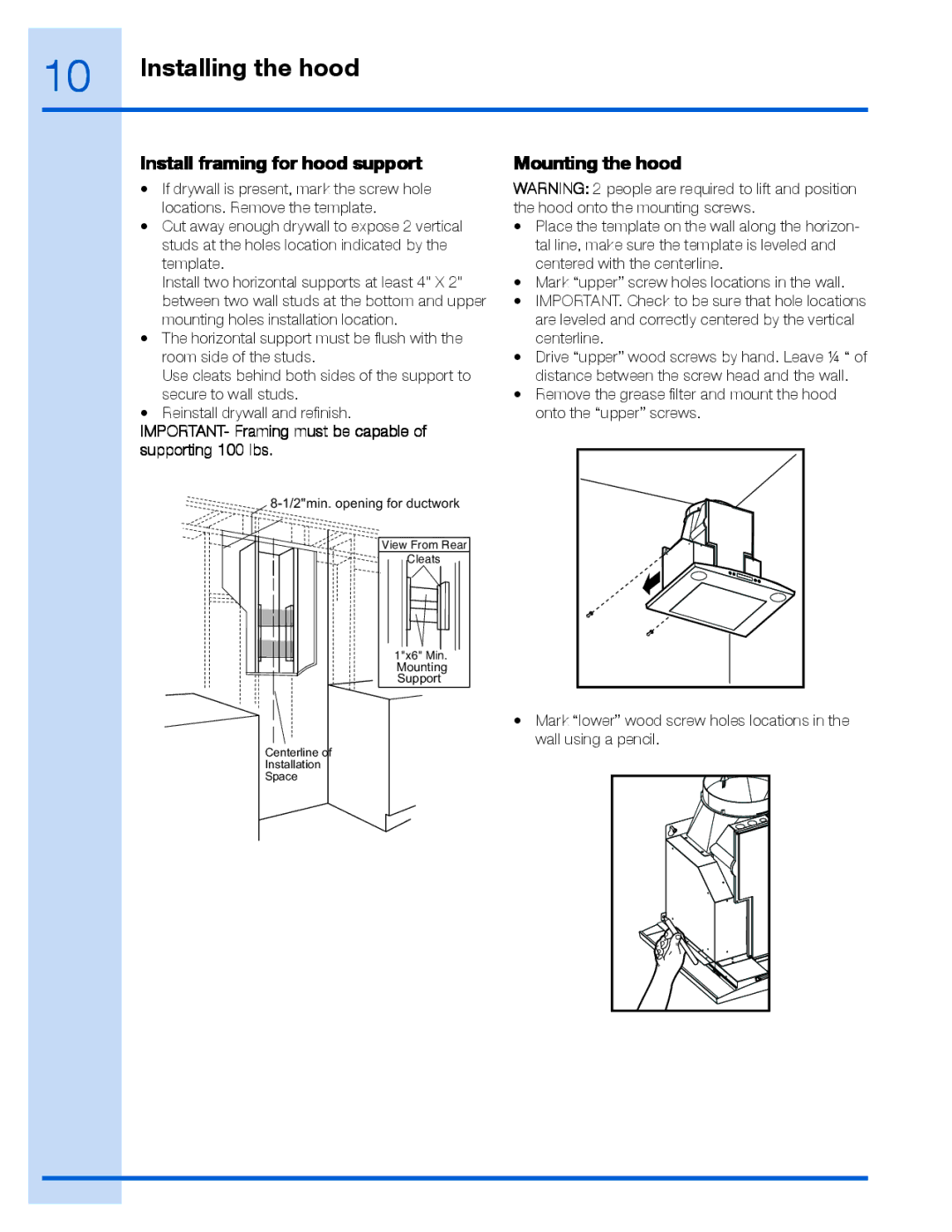 Electrolux EI30WC60GS, EI36WC60GS manual Install framing for hood support, Mounting the hood 