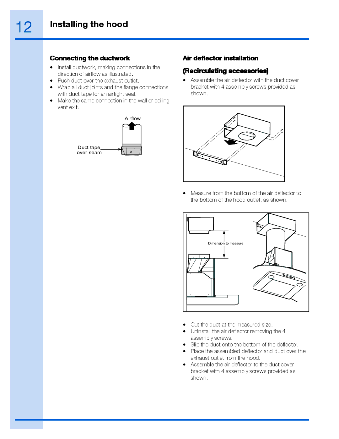 Electrolux EI30WC60GS, EI36WC60GS manual Connecting the ductwork, Air deflector installation Recirculating accessories 