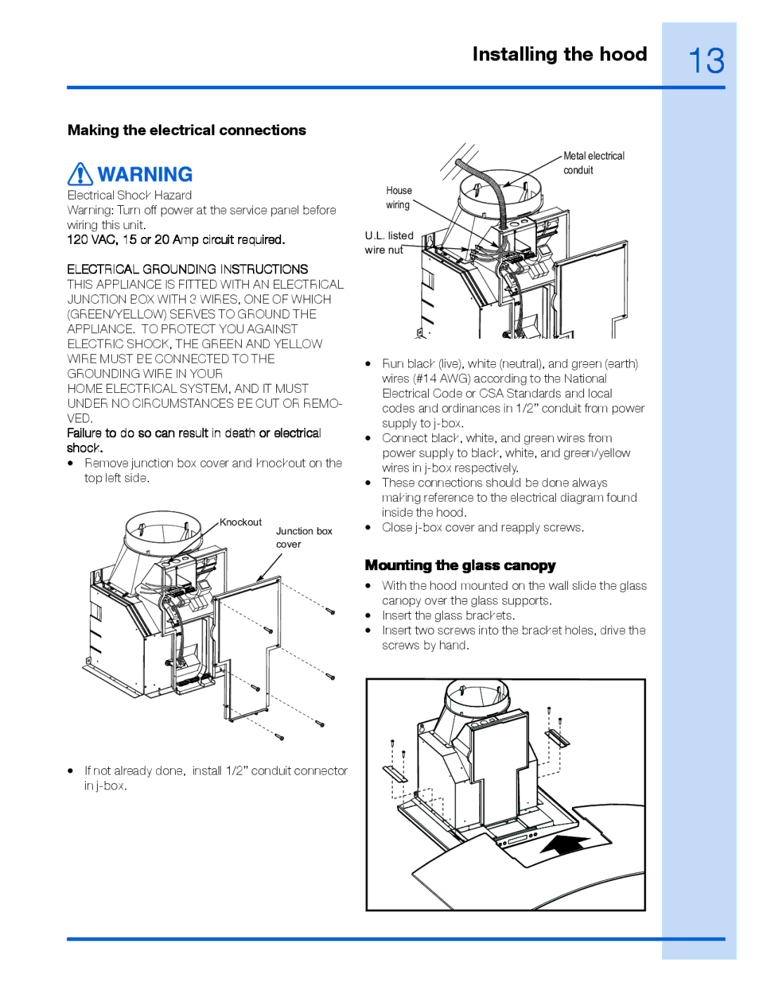 Electrolux EI36WC60GS Making the electrical connections, Mounting the glass canopy, 120 VAC, 15 or 20 Amp circuit required 