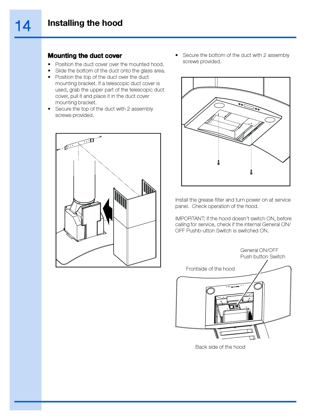 Electrolux EI30WC60GS, EI36WC60GS manual Mounting the duct cover 