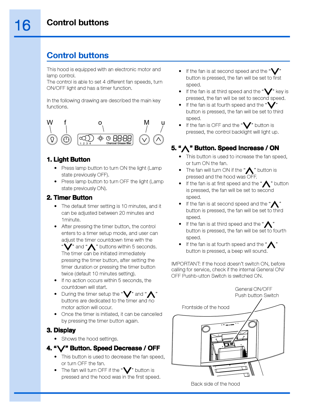 Electrolux EI30WC60GS, EI36WC60GS manual Control buttons 