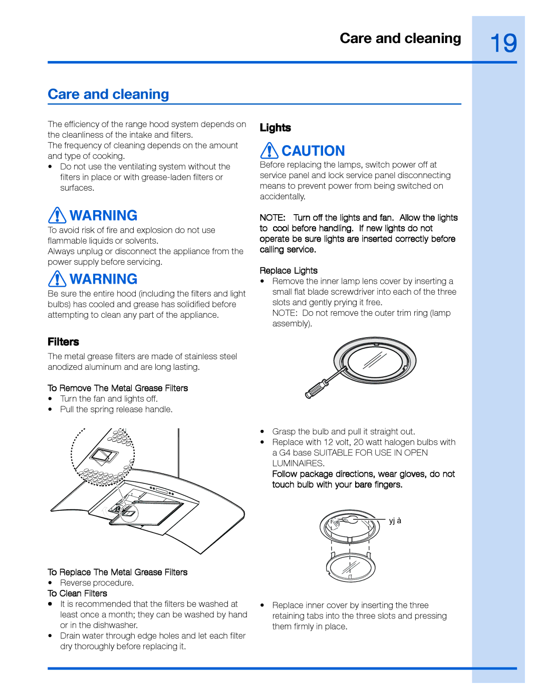 Electrolux EI36WC60GS, EI30WC60GS manual Care and cleaning, Lights, Filters 