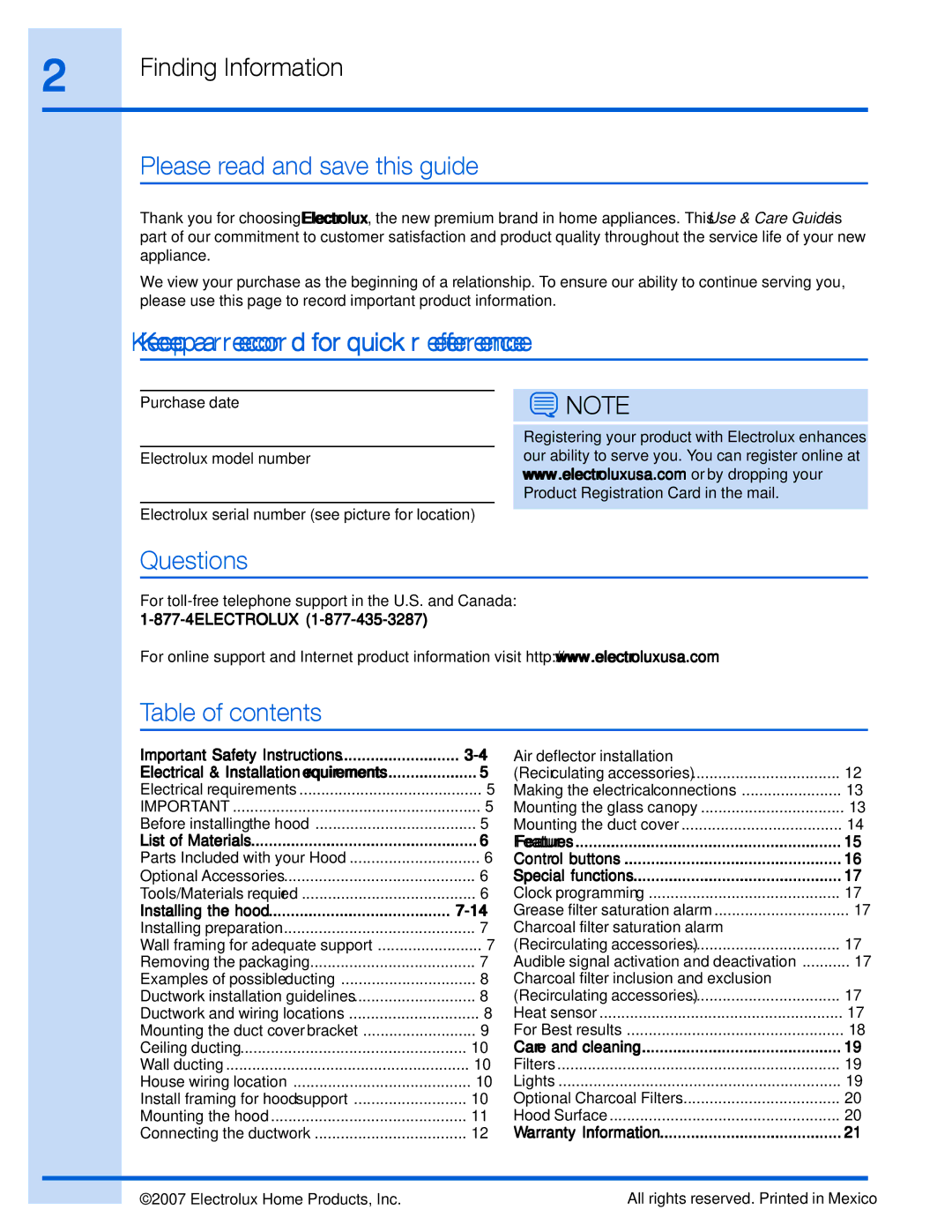 Electrolux EI30WC60GS Please read and save this guide, Keep a record for quick reference, Questions?, Table of contents 